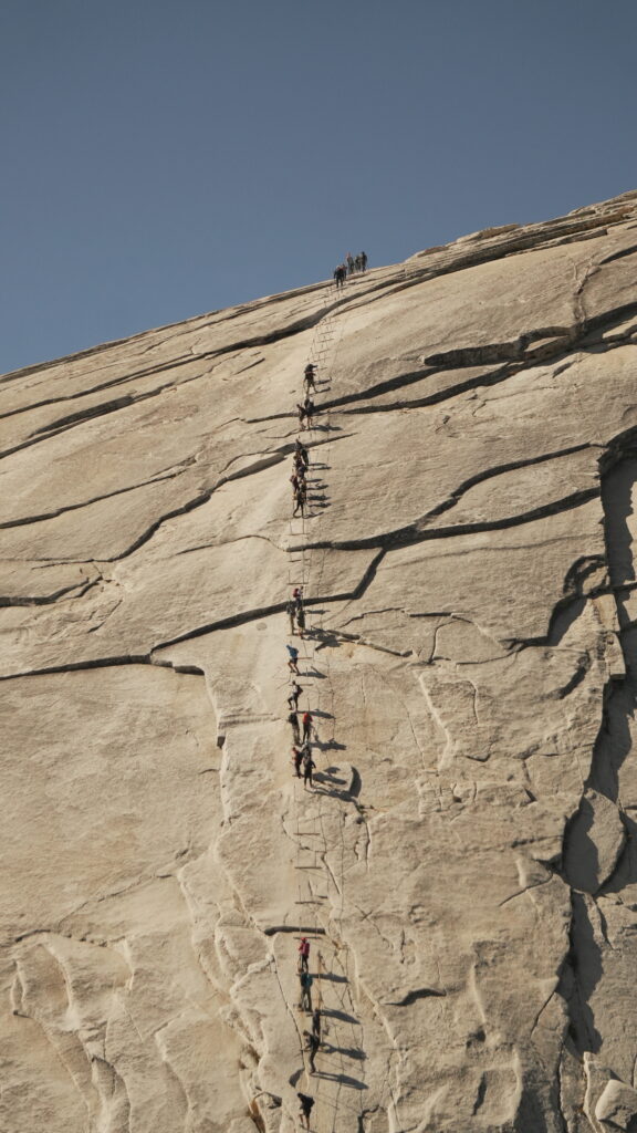 People climbing the cables at Half Dome