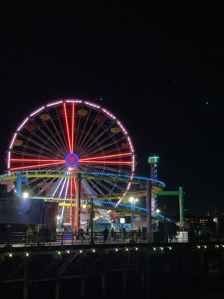 The ferris wheel at Santa Monica Pier at night