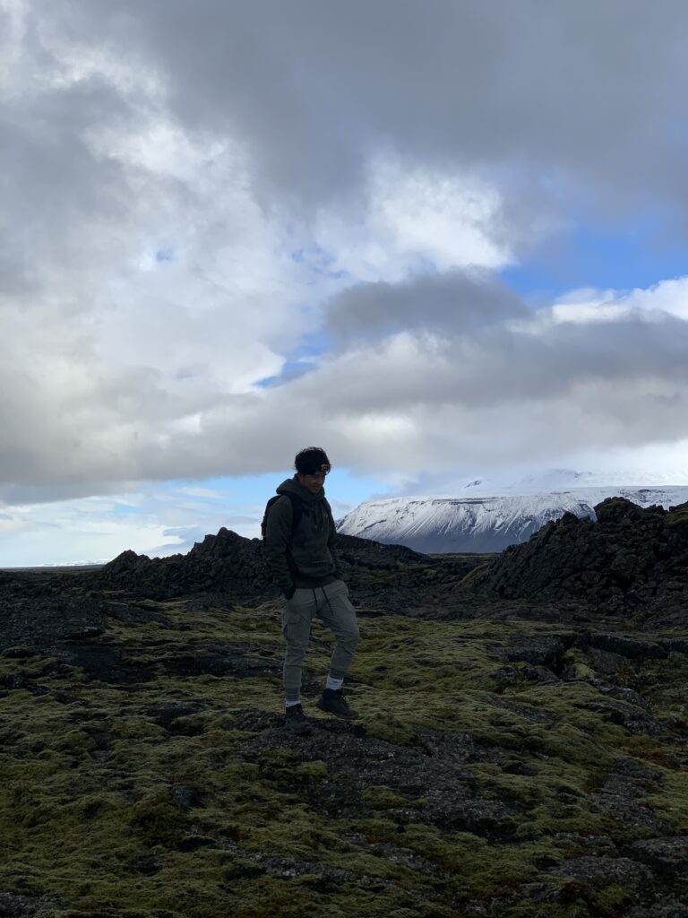 Walking on the lava field at Surtshellir